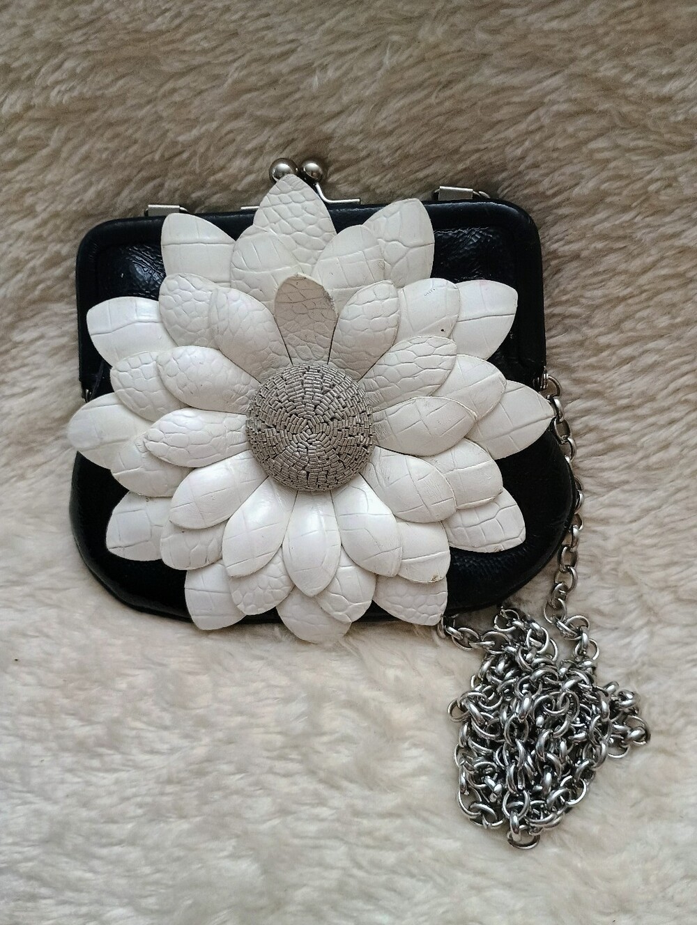 Vintage Black Leather Kiss Lock Crossbody Bag with Large 3D White Flower